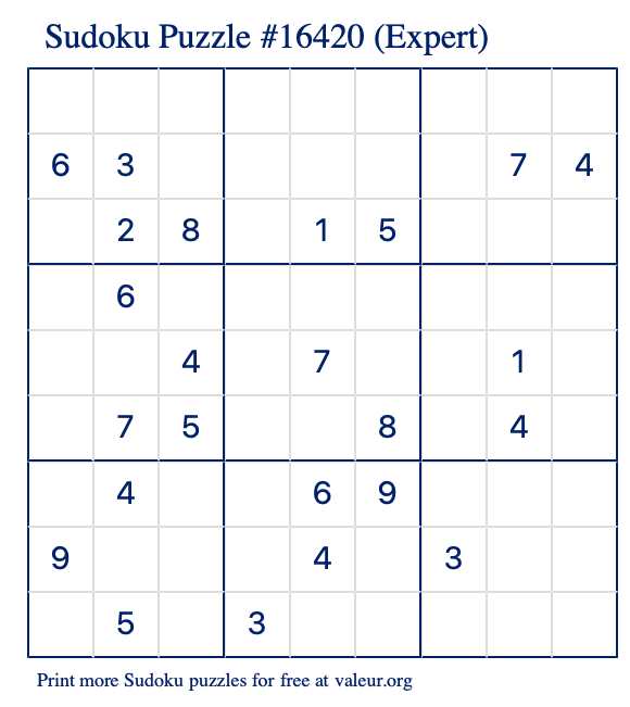 Free Printable Expert Sudoku Puzzle number 16420