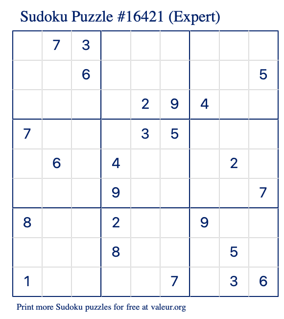 Free Printable Expert Sudoku Puzzle number 16421