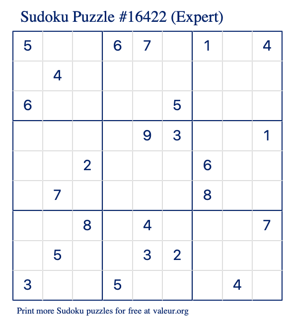 Free Printable Expert Sudoku Puzzle number 16422