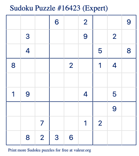 Free Printable Expert Sudoku Puzzle number 16423