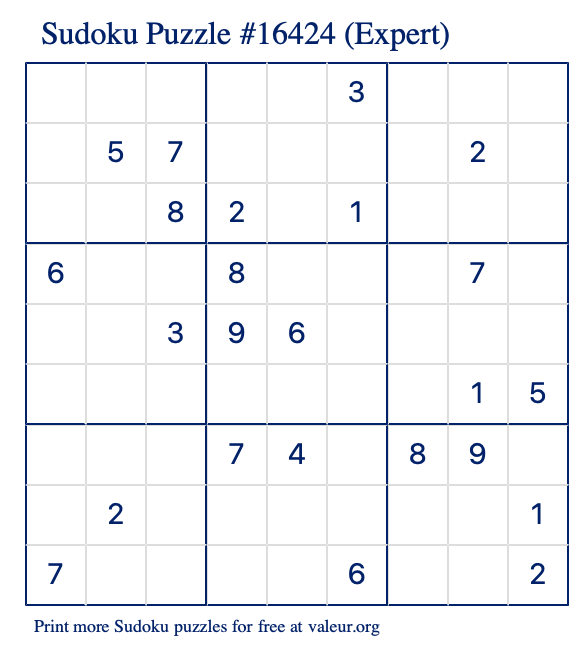 Free Printable Expert Sudoku Puzzle number 16424