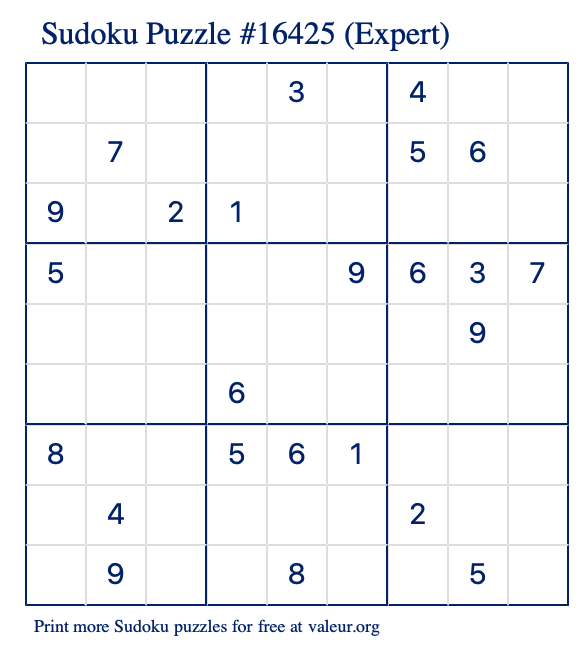 Free Printable Expert Sudoku Puzzle number 16425