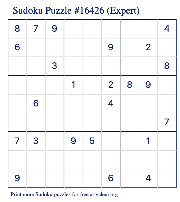 Free Printable Expert Sudoku Puzzle number 16426