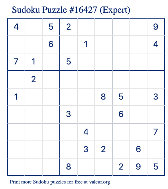 Free Printable Expert Sudoku Puzzle number 16427