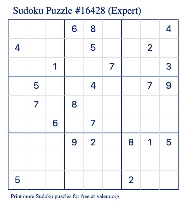 Free Printable Expert Sudoku Puzzle number 16428