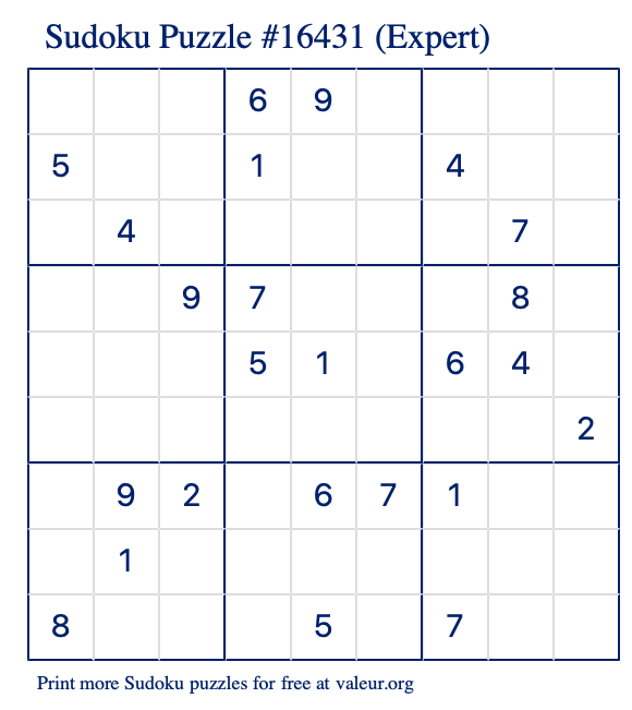 Free Printable Expert Sudoku Puzzle number 16431