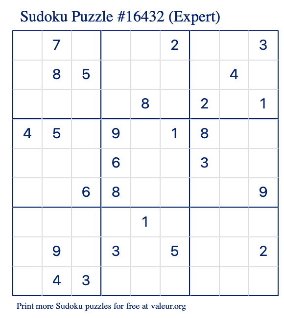 Free Printable Expert Sudoku Puzzle number 16432