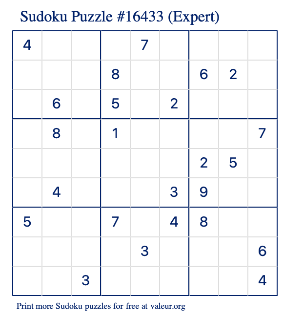 Free Printable Expert Sudoku Puzzle number 16433