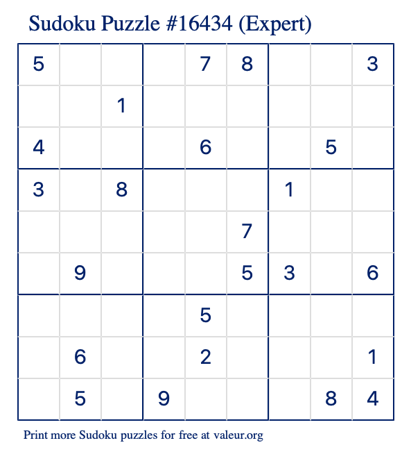 Free Printable Expert Sudoku Puzzle number 16434