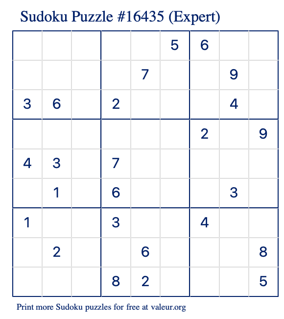 Free Printable Expert Sudoku Puzzle number 16435