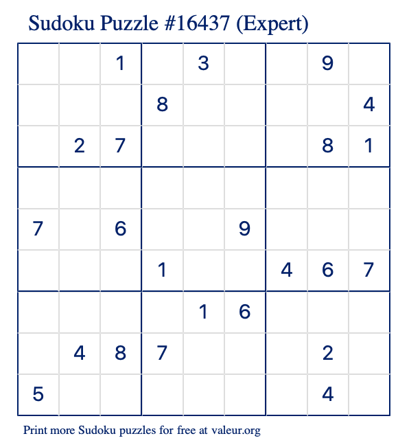 Free Printable Expert Sudoku Puzzle number 16437