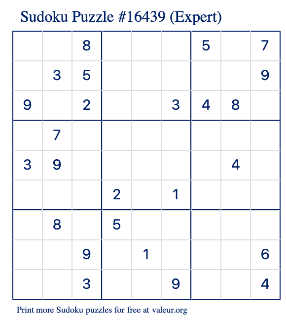 Free Printable Expert Sudoku Puzzle number 16439