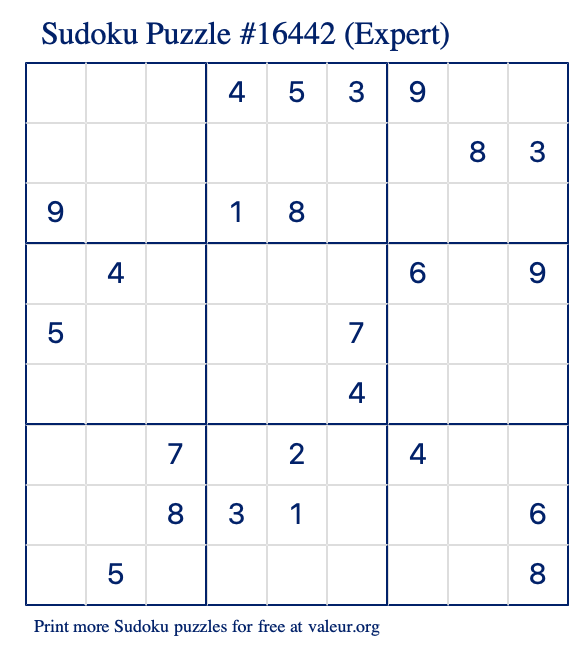 Free Printable Expert Sudoku Puzzle number 16442