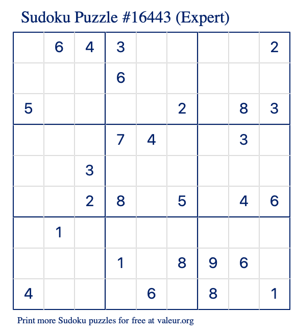 Free Printable Expert Sudoku Puzzle number 16443
