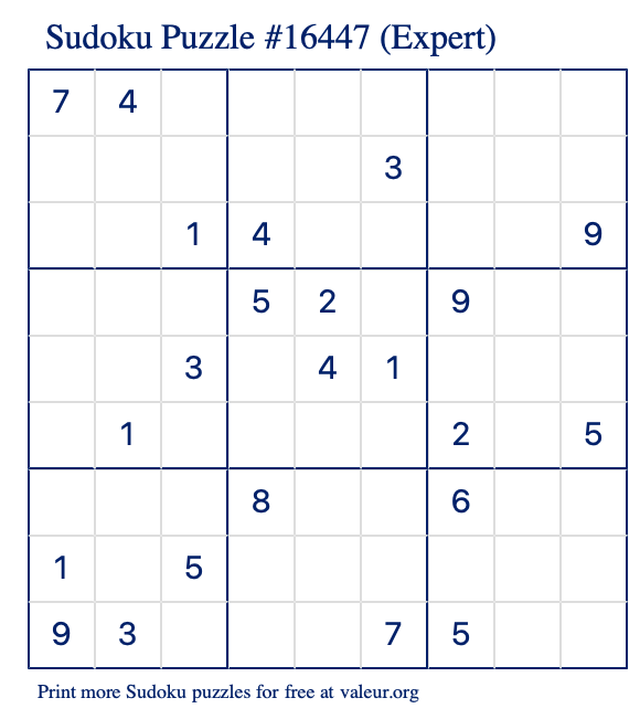 Free Printable Expert Sudoku Puzzle number 16447