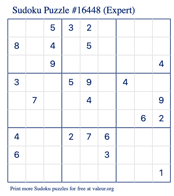 Free Printable Expert Sudoku Puzzle number 16448