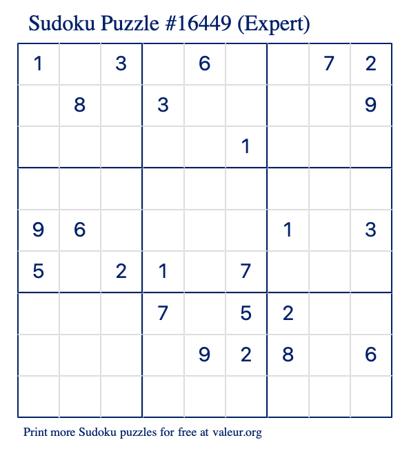 Free Printable Expert Sudoku Puzzle number 16449