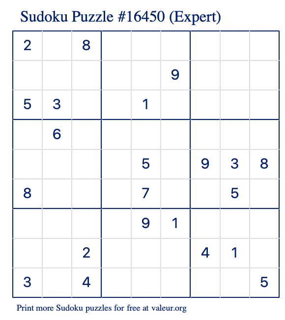 Free Printable Expert Sudoku Puzzle number 16450