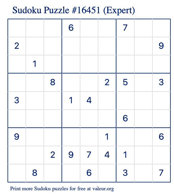 Free Printable Expert Sudoku Puzzle number 16451