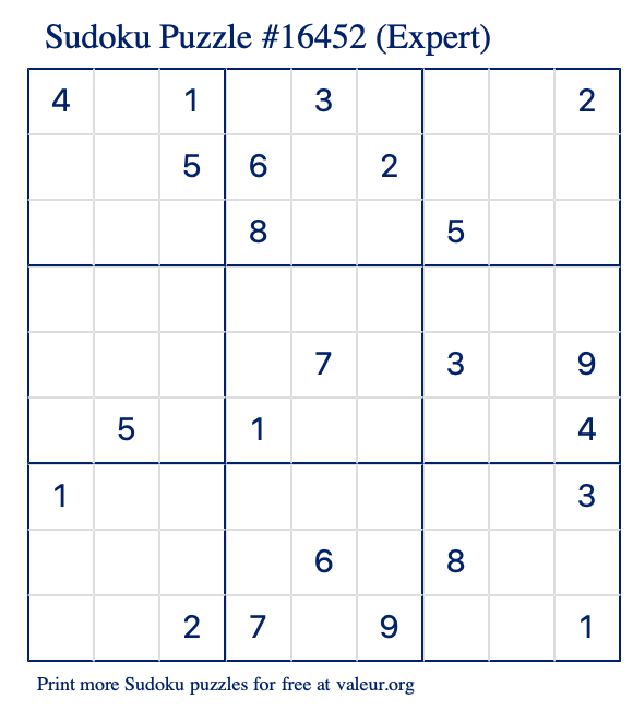 Free Printable Expert Sudoku Puzzle number 16452