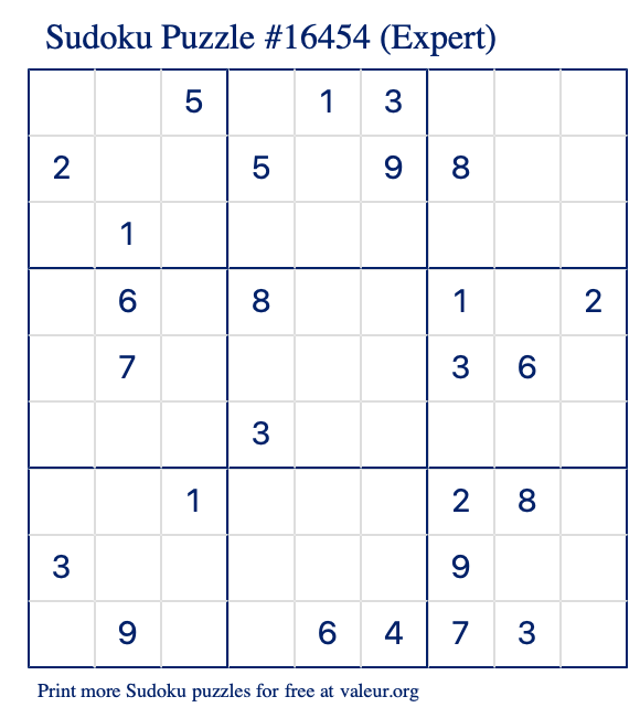 Free Printable Expert Sudoku Puzzle number 16454