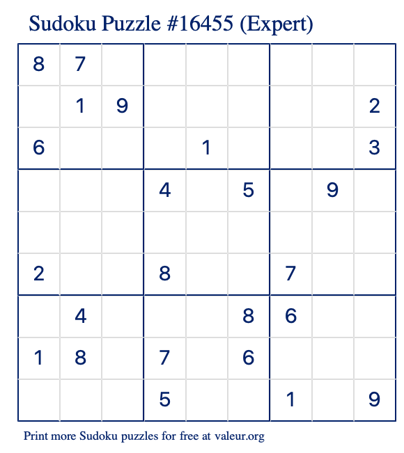 Free Printable Expert Sudoku Puzzle number 16455