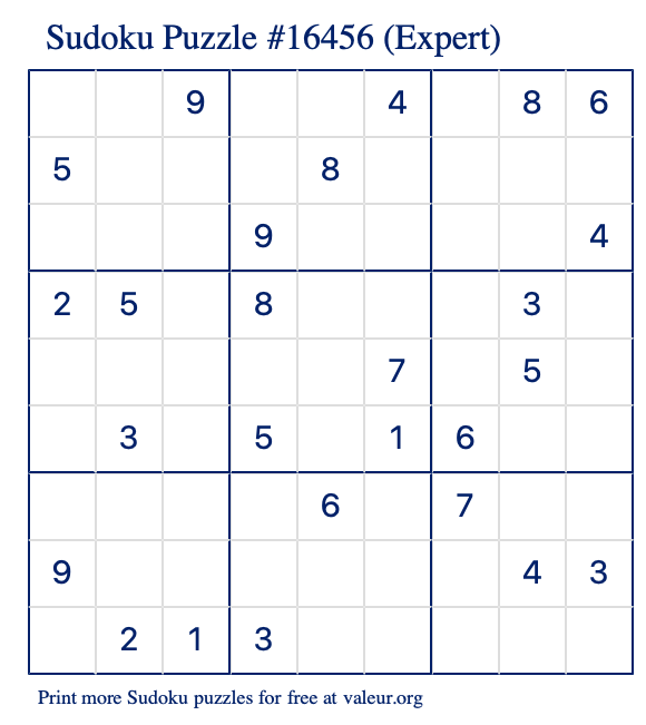 Free Printable Expert Sudoku Puzzle number 16456