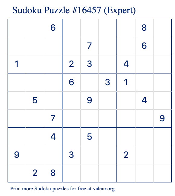 Free Printable Expert Sudoku Puzzle number 16457