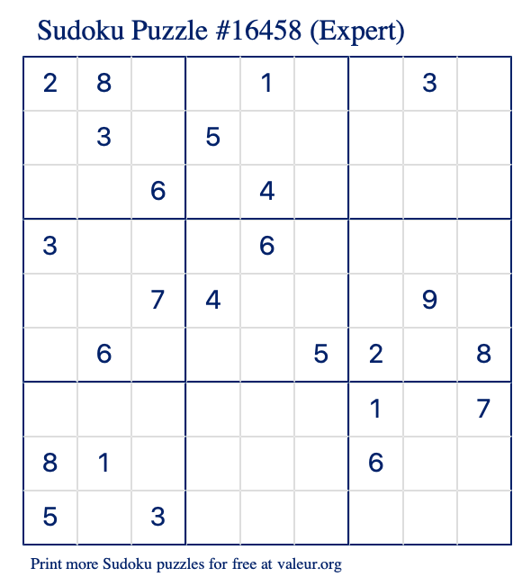 Free Printable Expert Sudoku Puzzle number 16458