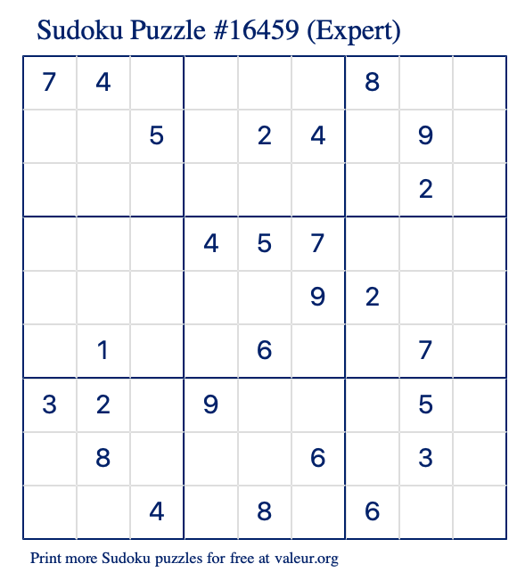 Free Printable Expert Sudoku Puzzle number 16459