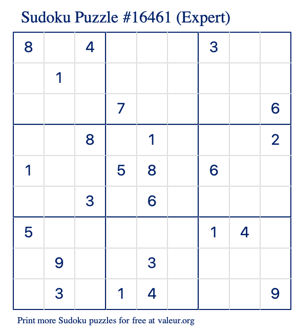 Free Printable Expert Sudoku Puzzle number 16461