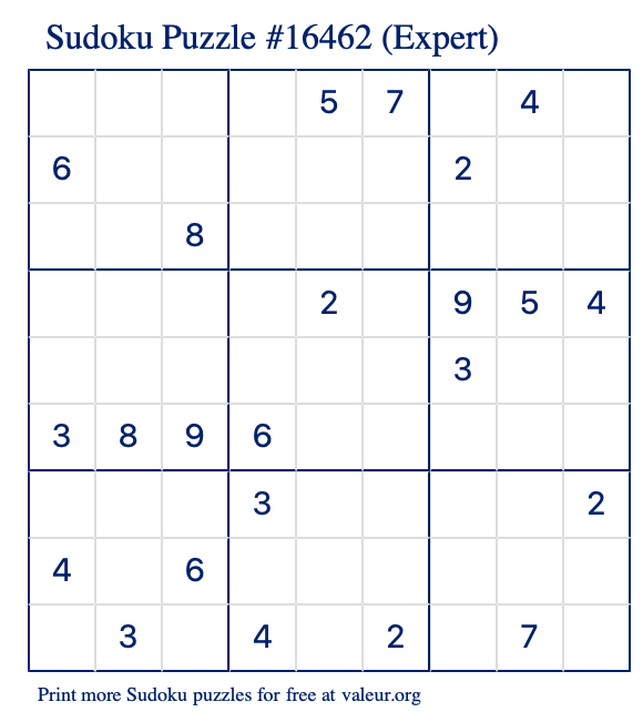 Free Printable Expert Sudoku Puzzle number 16462