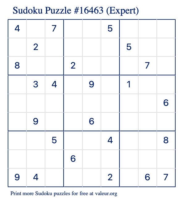 Free Printable Expert Sudoku Puzzle number 16463