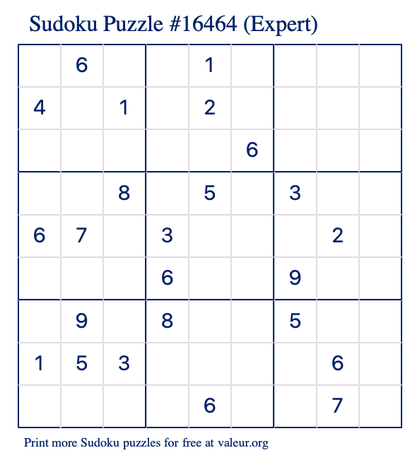 Free Printable Expert Sudoku Puzzle number 16464