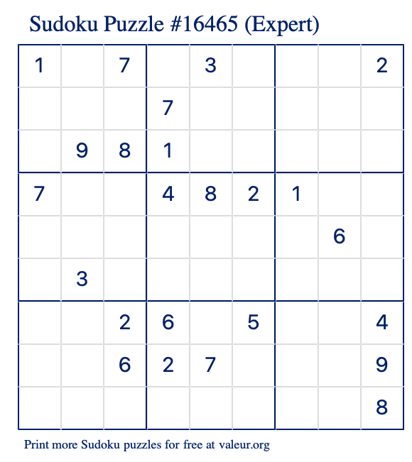 Free Printable Expert Sudoku Puzzle number 16465