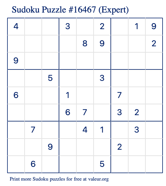 Free Printable Expert Sudoku Puzzle number 16467