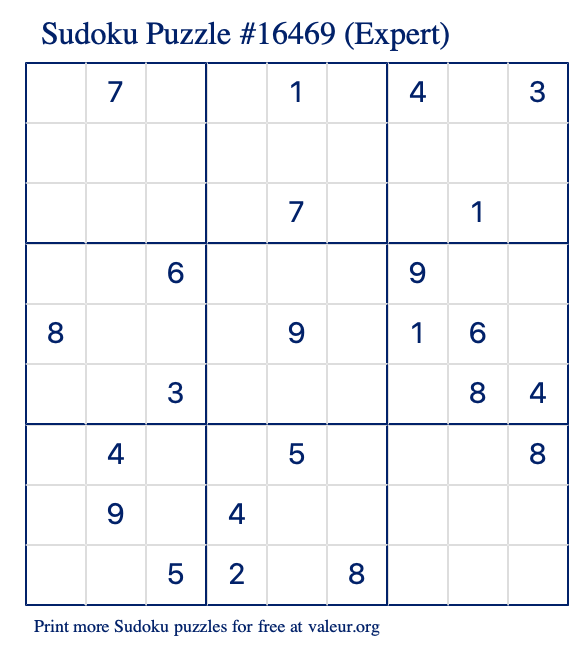 Free Printable Expert Sudoku Puzzle number 16469