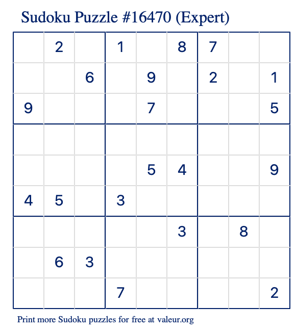 Free Printable Expert Sudoku Puzzle number 16470