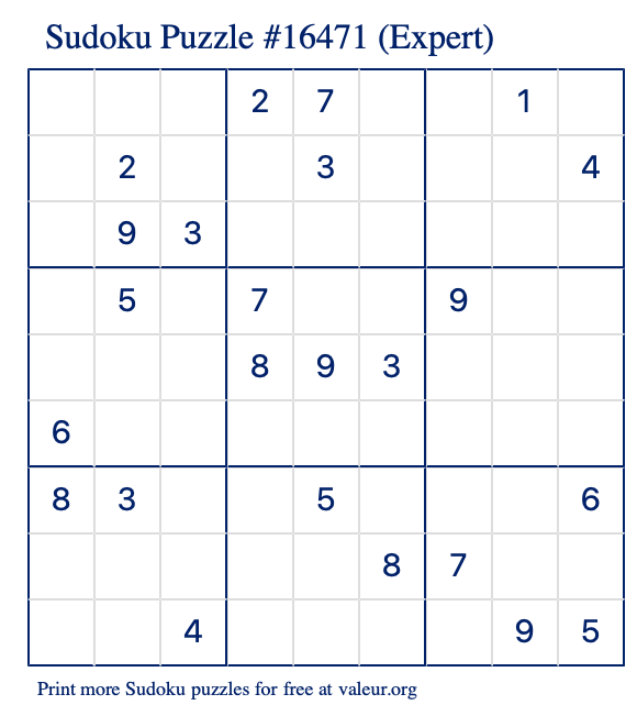 Free Printable Expert Sudoku Puzzle number 16471