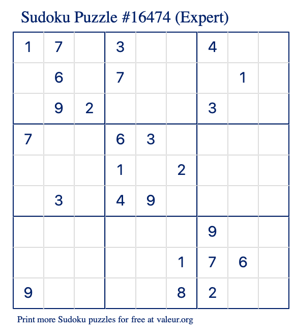 Free Printable Expert Sudoku Puzzle number 16474