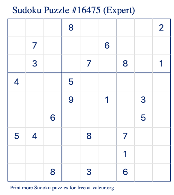 Free Printable Expert Sudoku Puzzle number 16475