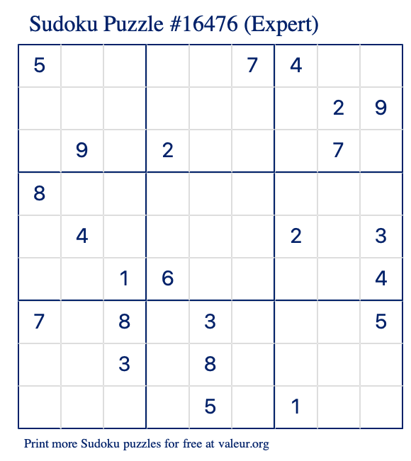 Free Printable Expert Sudoku Puzzle number 16476