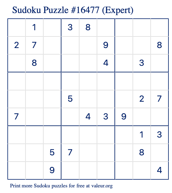 Free Printable Expert Sudoku Puzzle number 16477
