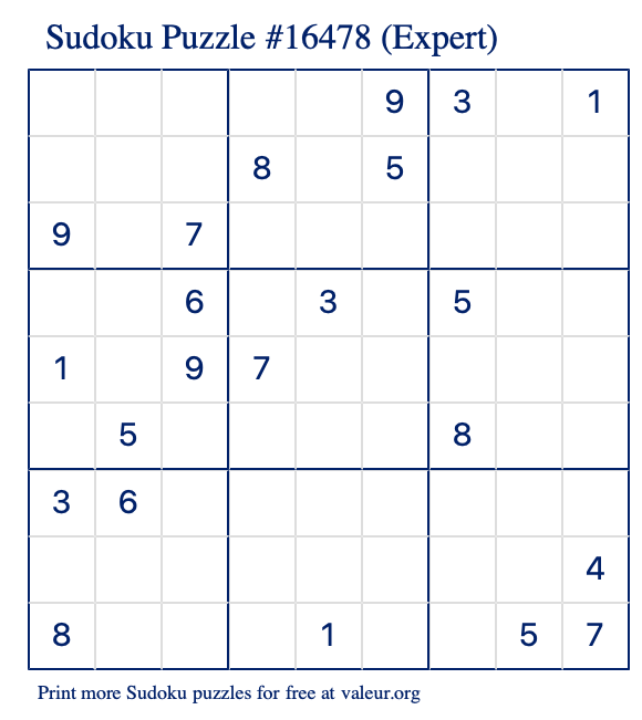 Free Printable Expert Sudoku Puzzle number 16478