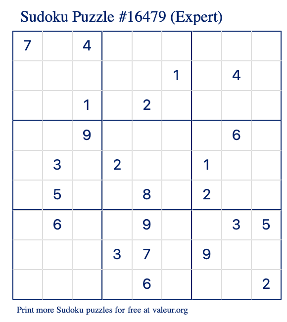 Free Printable Expert Sudoku Puzzle number 16479