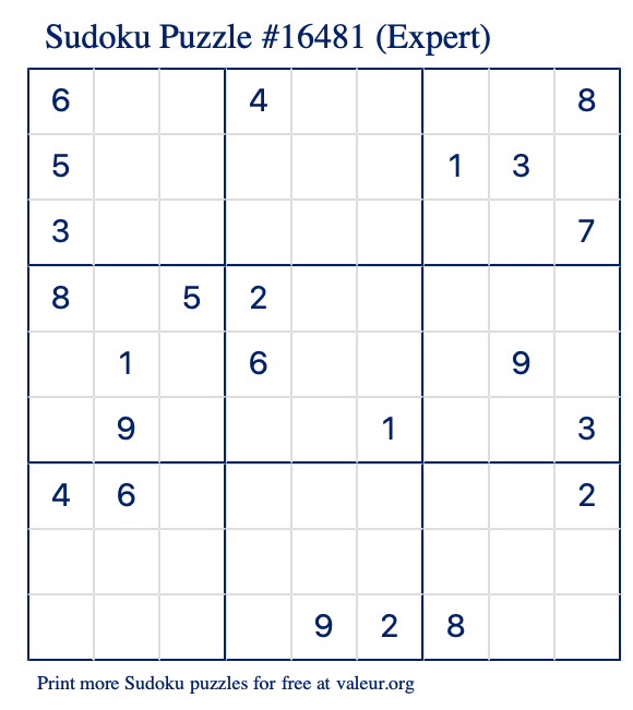 Free Printable Expert Sudoku Puzzle number 16481