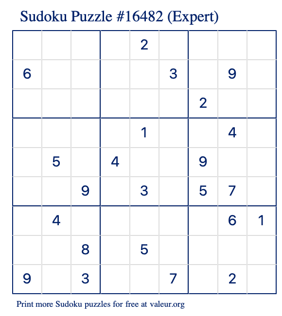 Free Printable Expert Sudoku Puzzle number 16482