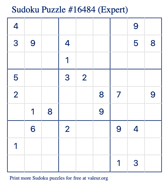 Free Printable Expert Sudoku Puzzle number 16484