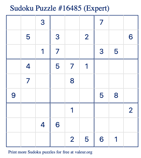 Free Printable Expert Sudoku Puzzle number 16485