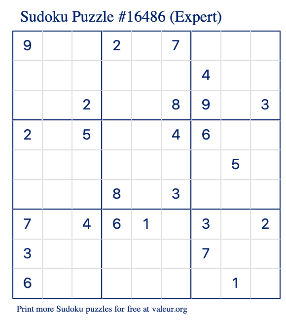 Free Printable Expert Sudoku Puzzle number 16486